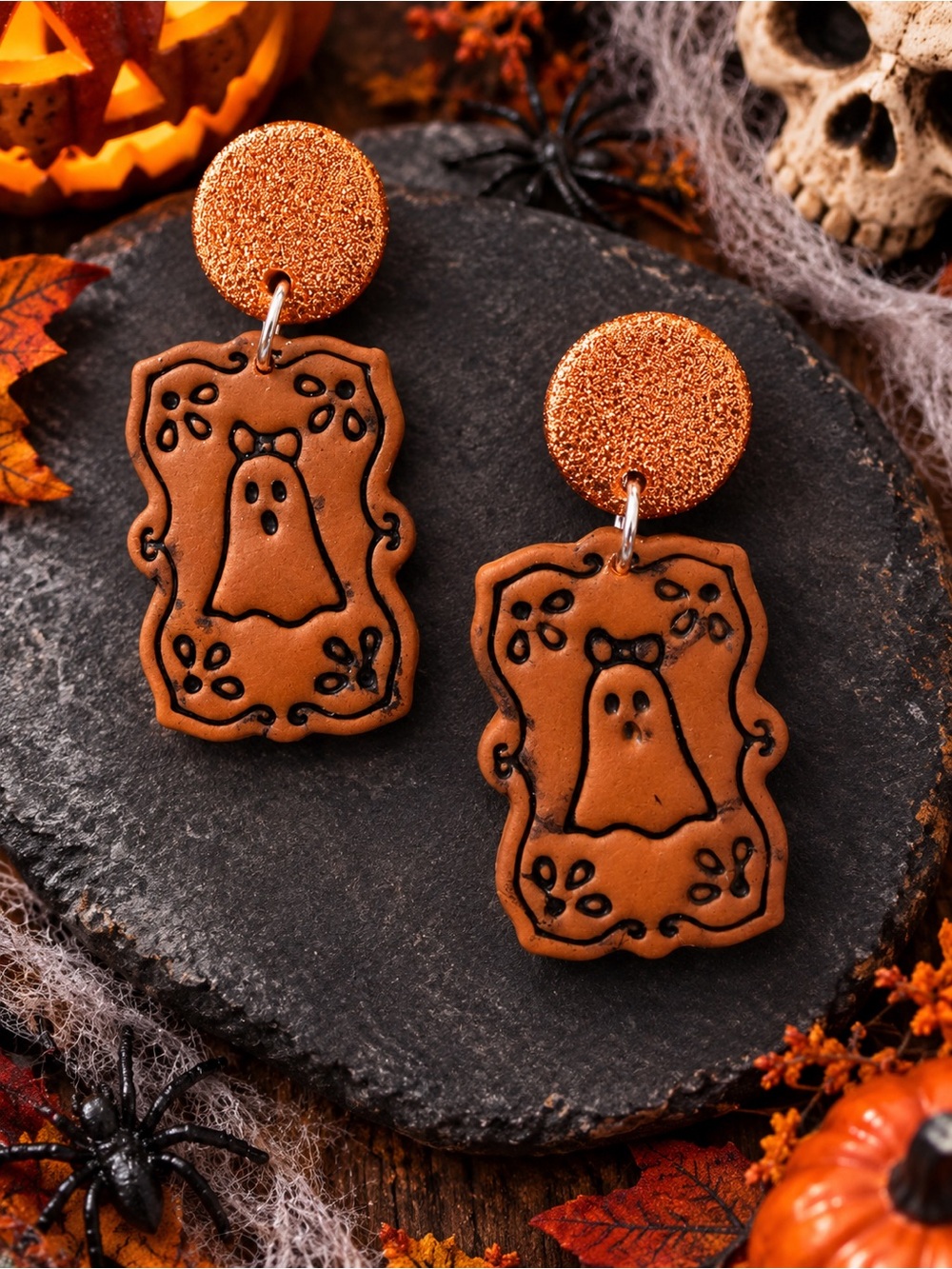 Orange Halloween Ghost Handmade Polymer Clay Earrings